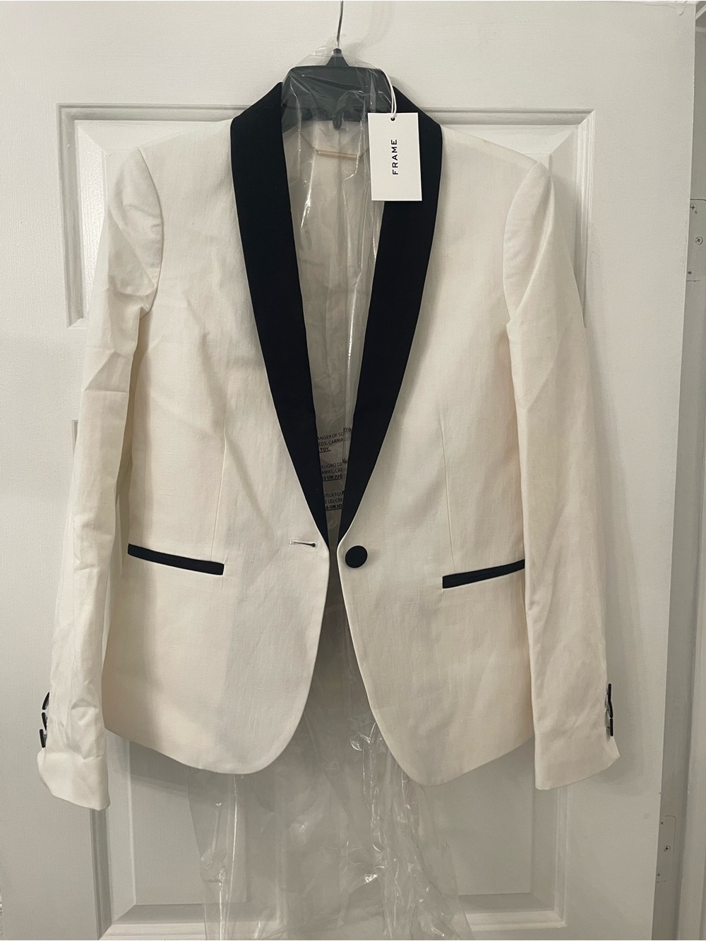 Frame Denim White Blazer with Black Shawl Lapel and Trim NWT